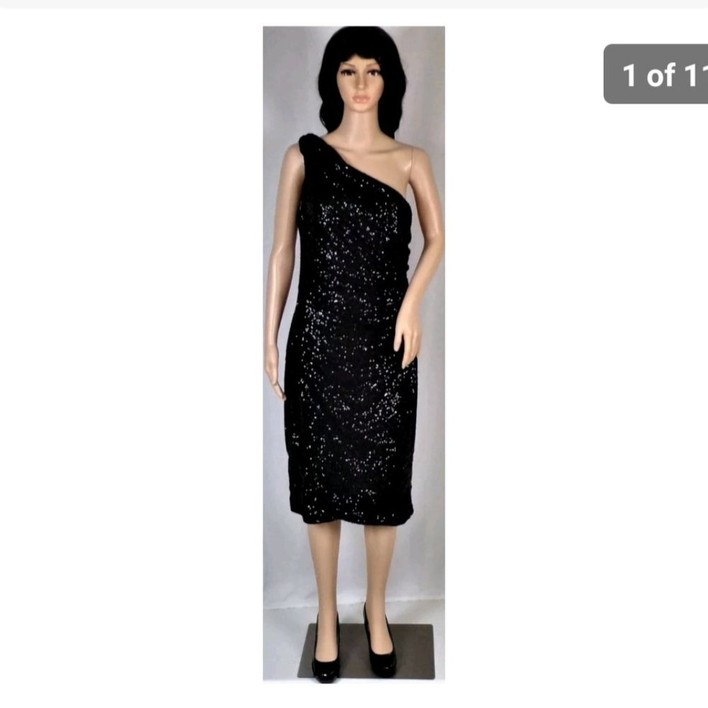 RALPH LAUREN size 14 (Misses) black sequined one oulder midi sheath dress